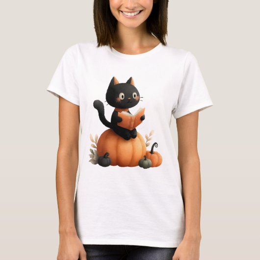 Halloween Zwarte Kat Pompoen Ontwerp T-shirt (Voorkant)