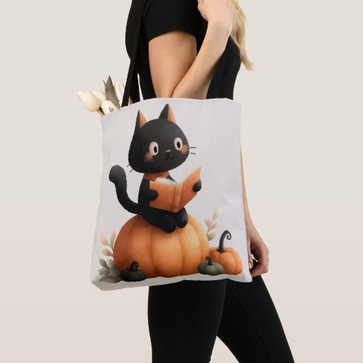 Halloween Zwarte Kat Pompoen Ontwerp Tote Bag (Dichtbij)
