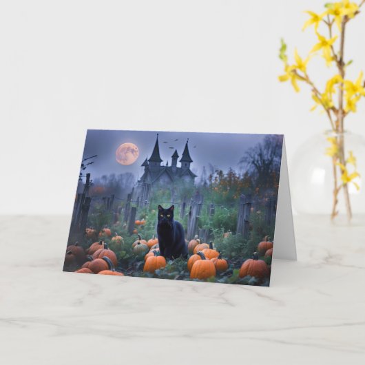 Halloween zwarte kat pompoen patch kaart (Gele Bloem)