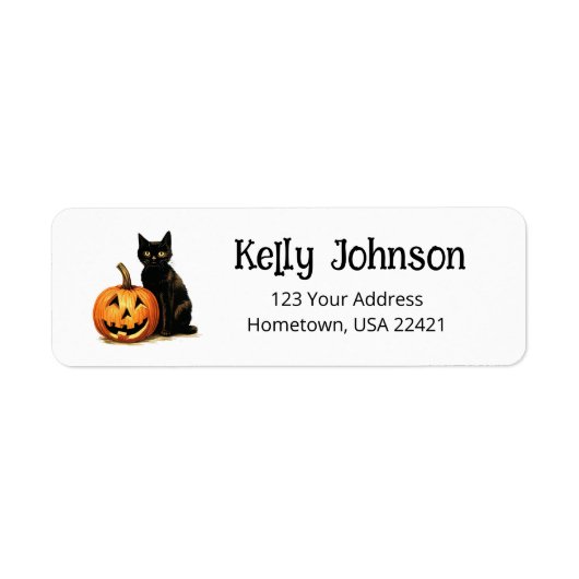 Halloween Zwarte Kat Pompoen Retouradres Label (Voorkant)