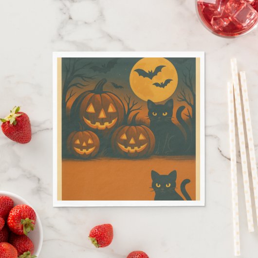 Halloween zwarte kat & pompoen servetten (Insitu)