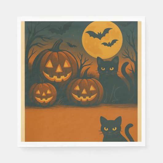 Halloween zwarte kat & pompoen servetten (Voorkant)