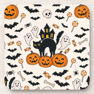 Halloween Zwarte Kat & Pompoen Spokenhuis Bier Onderzetter