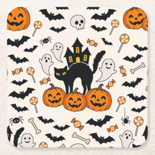 Halloween Zwarte Kat & Pompoen Spokenhuis Kartonnen Onderzetters