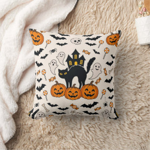 Halloween Zwarte Kat & Pompoen Spokenhuis Kussen