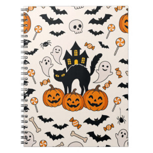 Halloween Zwarte Kat & Pompoen Spokenhuis Notitieboek