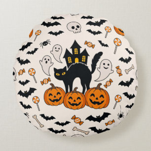 Halloween Zwarte Kat & Pompoen Spokenhuis Rond Kussen