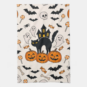 Halloween Zwarte Kat & Pompoen Spokenhuis Theedoek