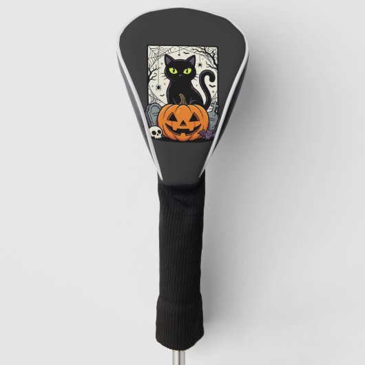 Halloween Zwarte Kat Pompoen Vectorontwerp Golfheadcover (Voorkant)