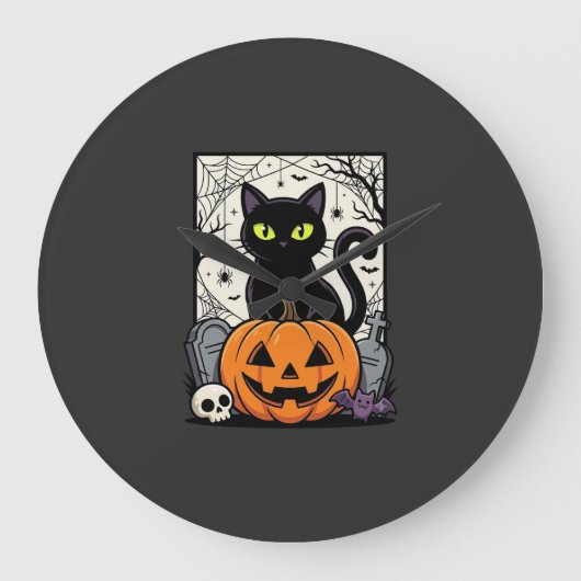 Halloween Zwarte Kat Pompoen Vectorontwerp Grote Klok (Voorkant)