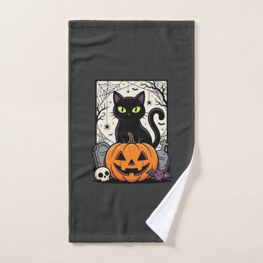 Halloween Zwarte Kat Pompoen Vectorontwerp Handdoek (Handdoek)