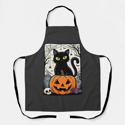 Halloween Zwarte Kat Pompoen Vectorontwerp Schort (Voorkant)