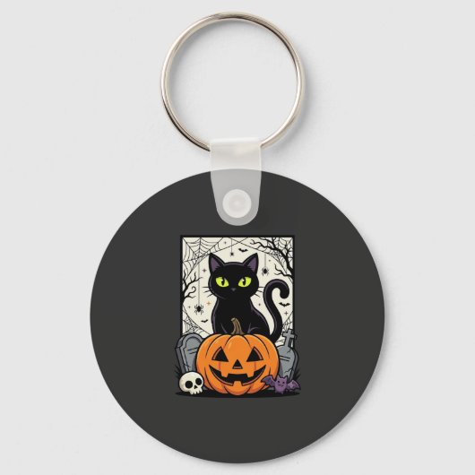 Halloween Zwarte Kat Pompoen Vectorontwerp Sleutelhanger (Voorkant)