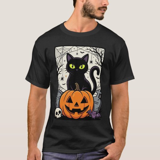 Halloween Zwarte Kat Pompoen Vectorontwerp T-shirt (Voorkant)