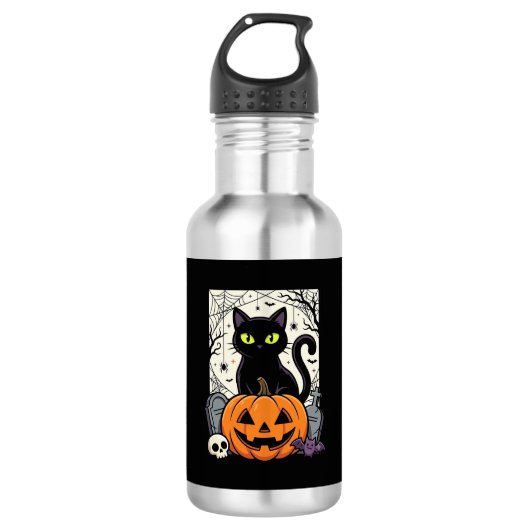 Halloween Zwarte Kat Pompoen Vectorontwerp Waterfles (Voorkant)