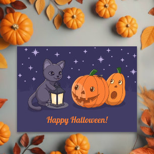 Halloween Zwarte Kat, Pompoenen, Lantaarn op Paars Kaart