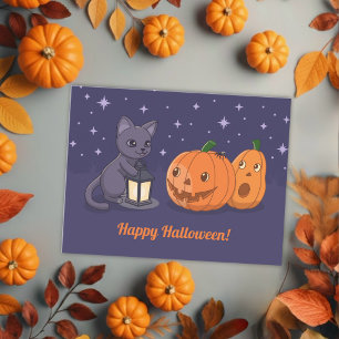 Halloween Zwarte Kat Pompoenen Lantaarn Paars Briefkaart