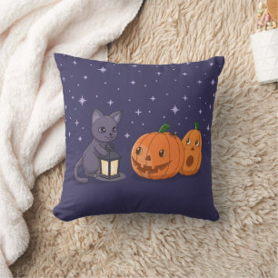 Halloween Zwarte Kat Pompoenen Lantaarn Paars Kussen
