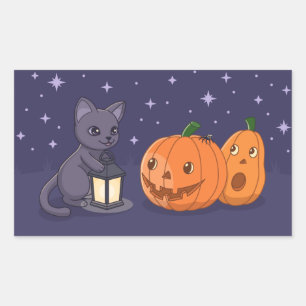 Halloween Zwarte Kat Pompoenen Lantaarn Paars Rechthoekige Sticker
