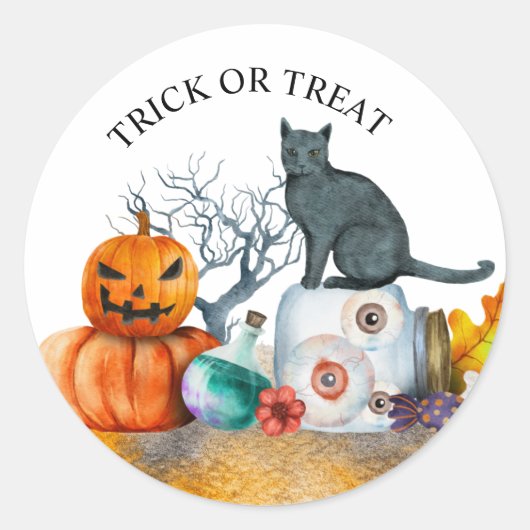 Halloween zwarte kat pompoenen ogenbolletjes ronde sticker (Voorkant)