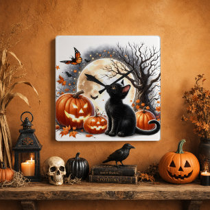 Halloween Zwarte Kat & Pompoenen Rustiek Amber  Vierkante Klok