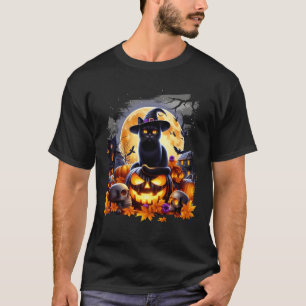 Halloween zwarte kat pompoenen schedels spookhuis t-shirt