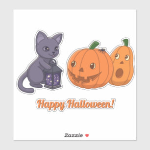 Halloween Zwarte Kat, Pompoenen, Toverlantaarn Sticker