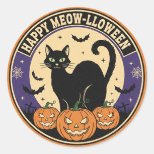 Halloween Zwarte Kat & Pompoenen Vintage Ronde Sticker
