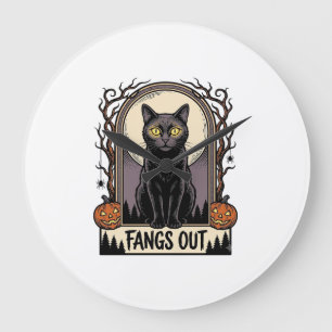 Halloween Zwarte Kat Shirt Vintage Hoektanden Ontw Grote Klok