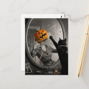 Halloween Zwarte Kat Slaat Jack-o-Lantern Dame Kno Briefkaart