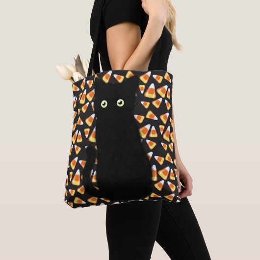 Halloween zwarte kat snoep maïs tote bag (Dichtbij)