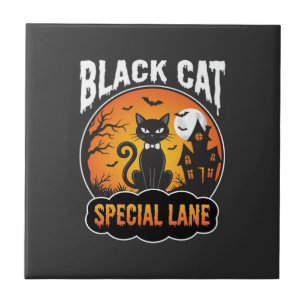 Halloween Zwarte Kat Spookhuis Maan Ontwerp Tegeltje