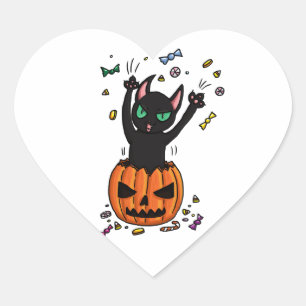Halloween Zwarte kat springen uit een pompoen Hart Sticker