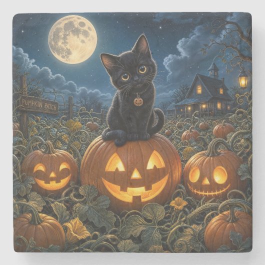 Halloween Zwarte Kat Stenen Onderzetter (Voorkant)