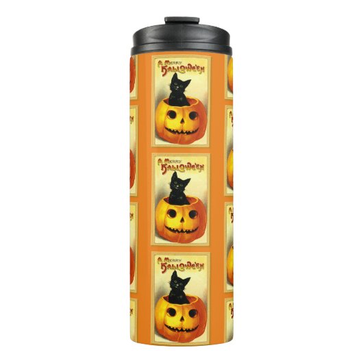 Halloween Zwarte Kat Thermokop Thermosbeker (Voorkant)