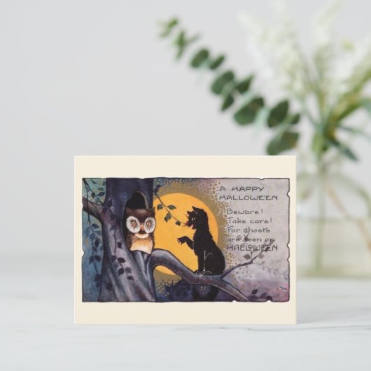 Halloween Zwarte Kat Uil Victoriaans gedicht Briefkaart (Staand voorkant)