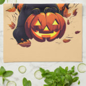 Halloween zwarte kat, valbladeren, theedoek (Gevouwen)