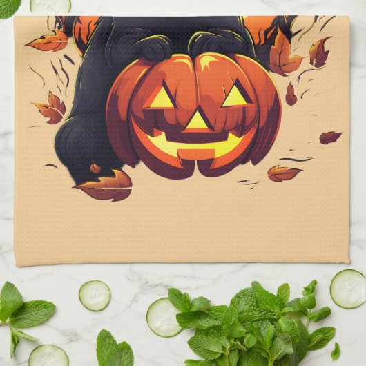 Halloween zwarte kat, valbladeren, theedoek (Gevouwen)