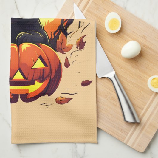 Halloween zwarte kat, valbladeren, theedoek (Quarter Fold)