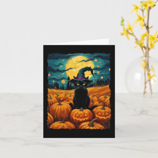 Halloween Zwarte Kat Van Gogh Heks Kawaii Pompoen Kaart (Gele Bloem)