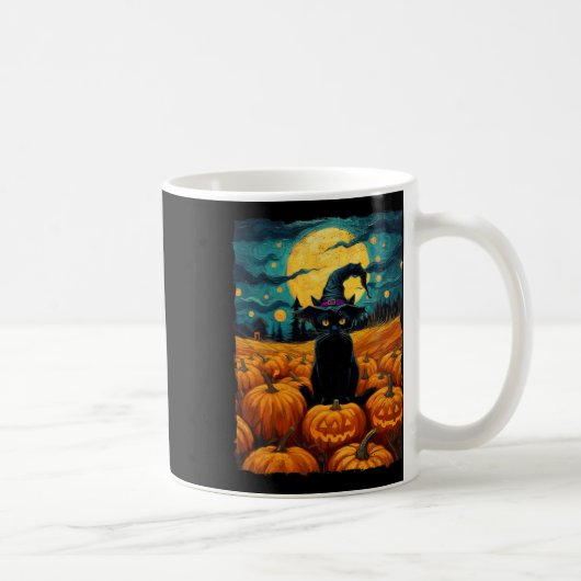 Halloween Zwarte Kat Van Gogh Heks Kawaii Pompoen Koffiemok (Rechts)