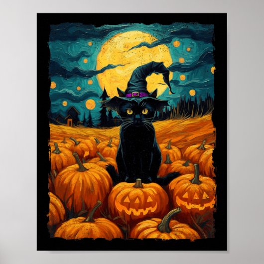 Halloween Zwarte Kat Van Gogh Heks Kawaii Pompoen Poster (Voorkant)
