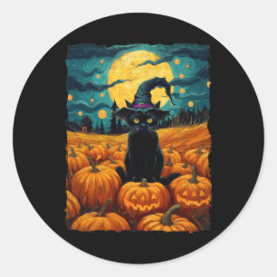 Halloween Zwarte Kat Van Gogh Heks Kawaii Pompoen Ronde Sticker