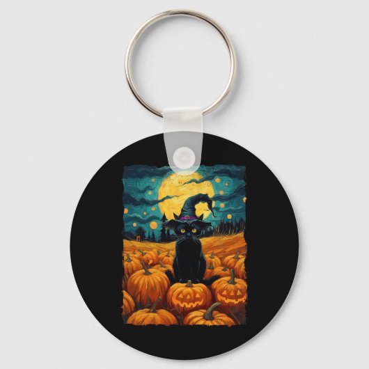Halloween Zwarte Kat Van Gogh Heks Kawaii Pompoen Sleutelhanger (Voorkant)
