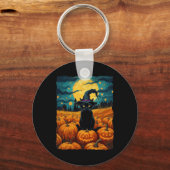 Halloween Zwarte Kat Van Gogh Heks Kawaii Pompoen Sleutelhanger (Voorkant)