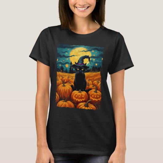 Halloween Zwarte Kat Van Gogh Heks Kawaii Pompoen T-shirt (Voorkant)