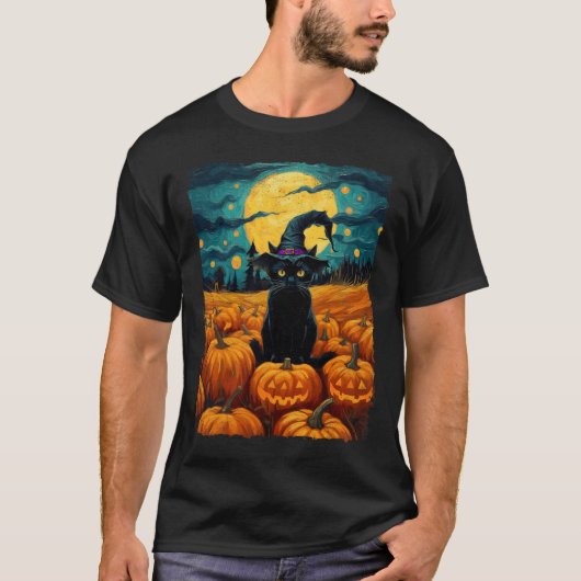 Halloween Zwarte Kat Van Gogh Heks Kawaii Pompoen T-shirt (Voorkant)