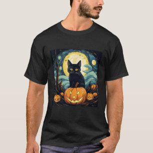 Halloween Zwarte Kat Van Gogh Heks Sterrennacht Ar T-shirt