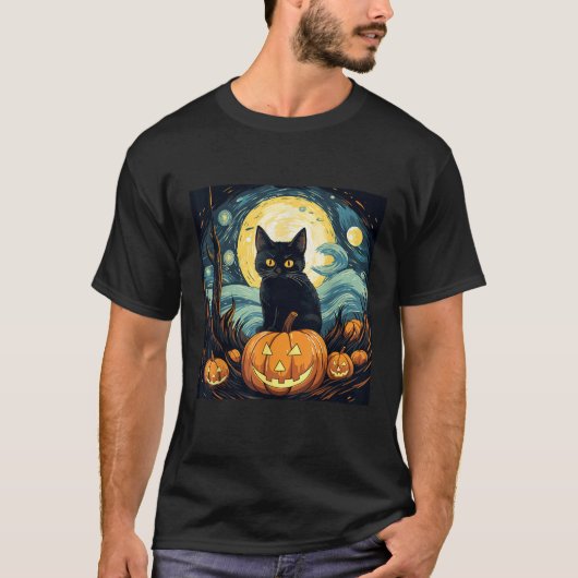 Halloween Zwarte Kat Van Gogh Heks Sterrennacht Ar T-shirt (Voorkant)