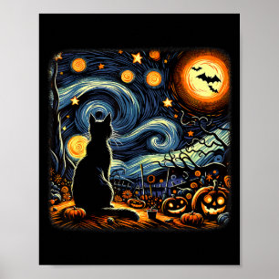 Halloween Zwarte Kat Van Gogh Sterrennacht Kat Lie Poster